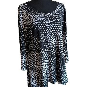Chaus Womens 3/4 Sleeve Black White Print Round-Neck Poly Spandex Large Top EUC